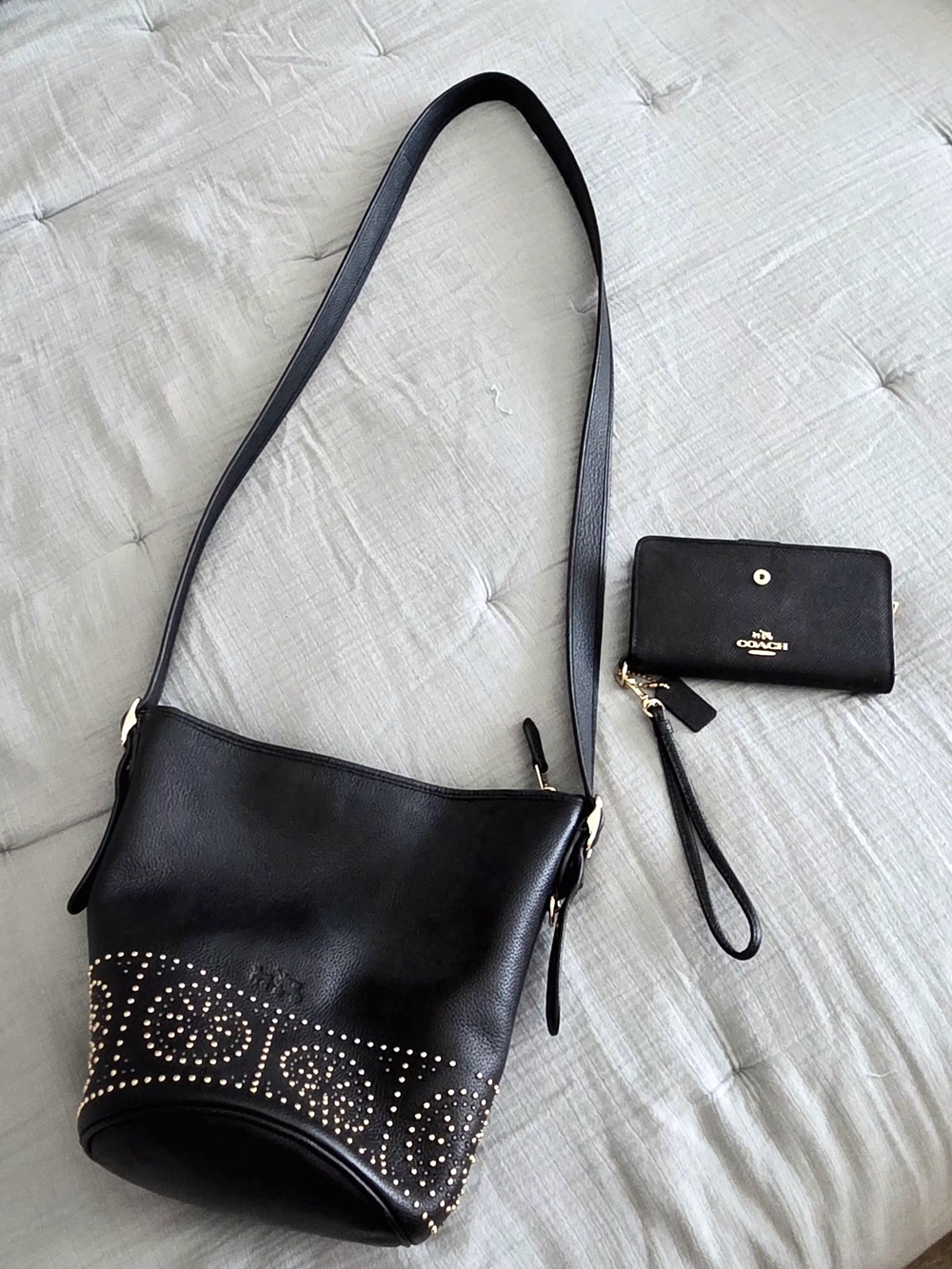 Coach Black Leather Studded Bucket Shoulder Bag with Matching Wristlet